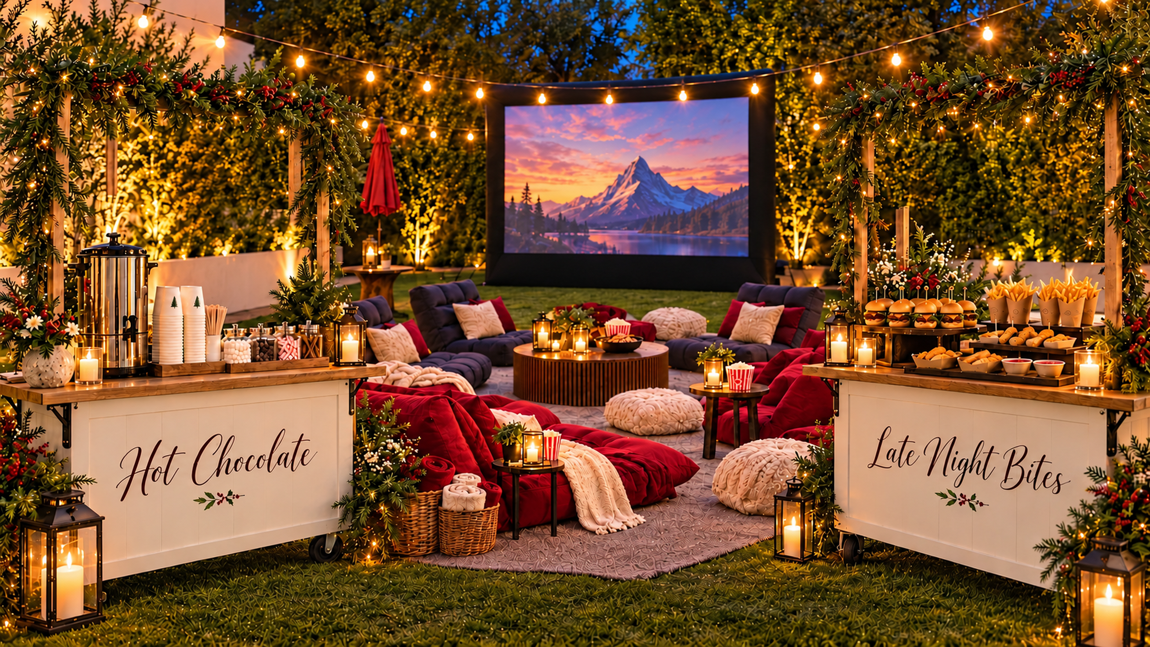 Outdoor movie night with red and grey lounge seating, a hot chocolate cart and a late-night bites cart