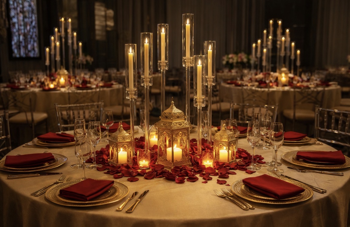 Candlelit banquet with burgundy place settings