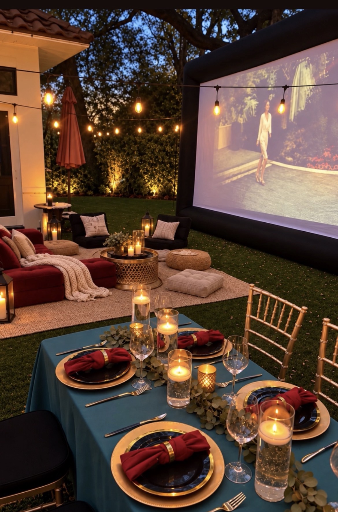 Backyard movie night with a styled dinner table